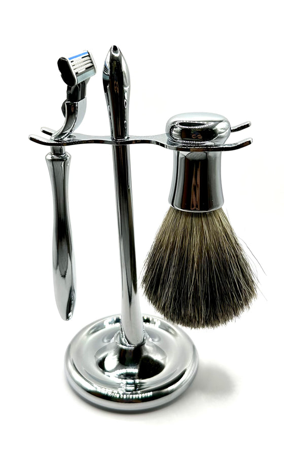 Elegant Curved Metal Shaving Set with Reusable Razor and Brush - Compatible with Gillette Mach 3 Line of Products