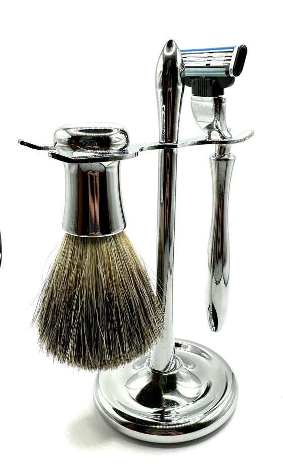 Elegant Curved Metal Shaving Set with Reusable Razor and Brush - Compatible with Gillette Mach 3 Line of Products