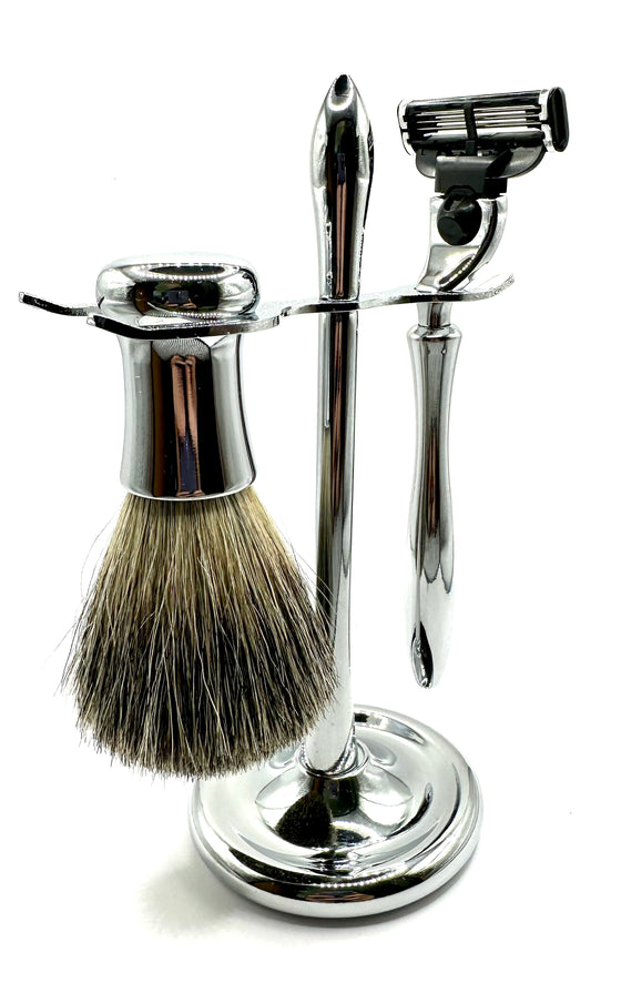 Elegant Curved Metal Shaving Set with Reusable Razor and Brush - Compatible with Gillette Mach 3 Line of Products