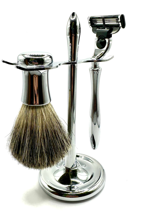 Elegant Curved Metal Shaving Set with Reusable Razor and Brush - Compatible with Gillette Mach 3 Line of Products