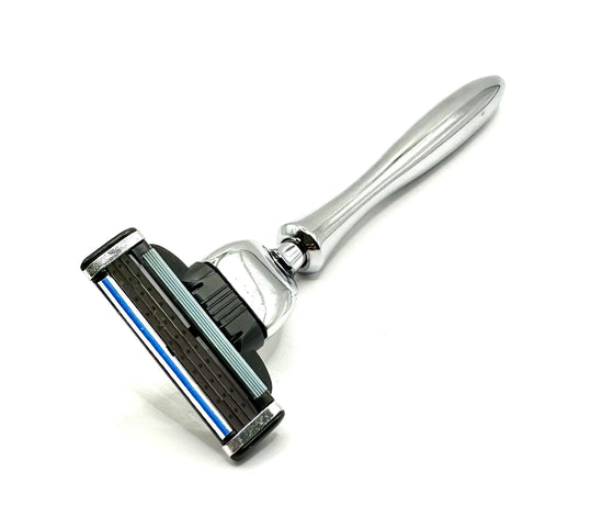 Elegant Curved Metal Shaving Set with Reusable Razor and Brush - Compatible with Gillette Mach 3 Line of Products