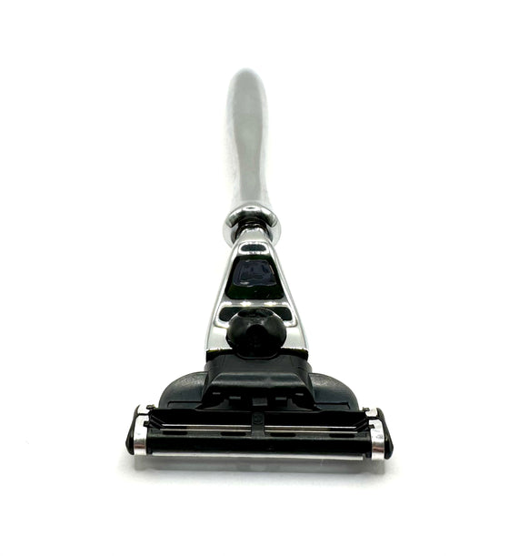 Elegant Curved Metal Shaving Set with Reusable Razor and Brush - Compatible with Gillette Mach 3 Line of Products