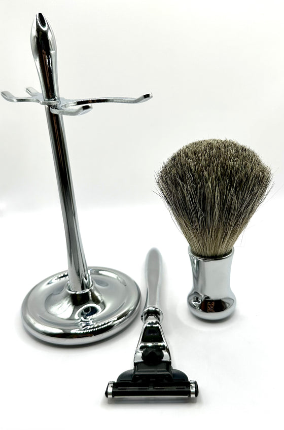 Elegant Curved Metal Shaving Set with Reusable Razor and Brush - Compatible with Gillette Mach 3 Line of Products