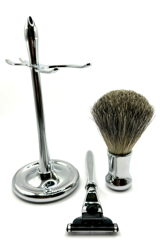 Elegant Curved Metal Shaving Set with Reusable Razor and Brush - Compatible with Gillette Mach 3 Line of Products