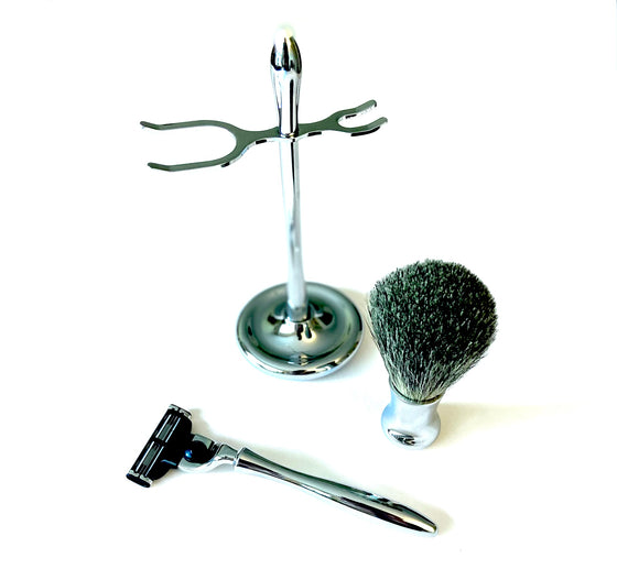 Elegant Curved Metal Shaving Set with Reusable Razor and Brush - Compatible with Gillette Mach 3 Line of Products